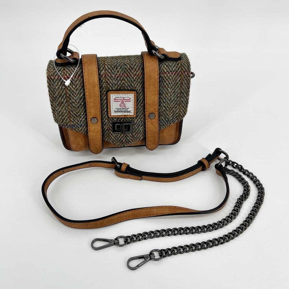 Islander Mini Satchel Harris Tweed Crossbody Bag Herringbone Brown Vegan Leather